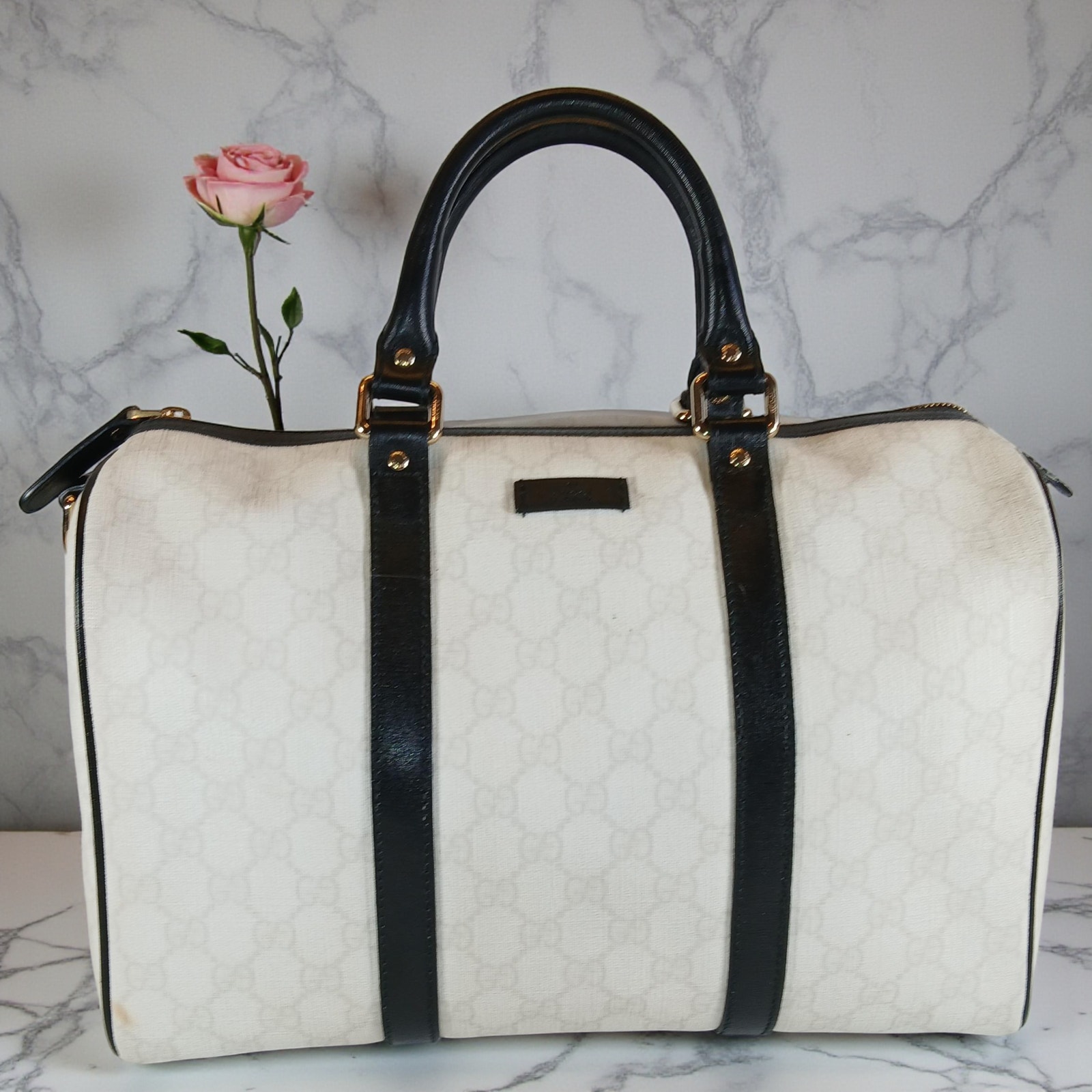 Gucci White Gg Supreme Canvas Joy Bag With Black Leather Trim
